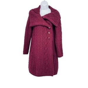 Aran Sweater Knit Merino Wool Burgundy Duster Cardigan Sweater Size S Fisherman